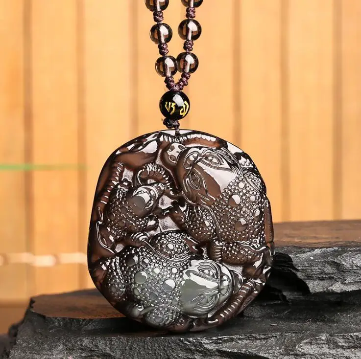 

Natural Colour Obsidian Carved Chinese Lucky Toad Pendant + Black Beads Necklace