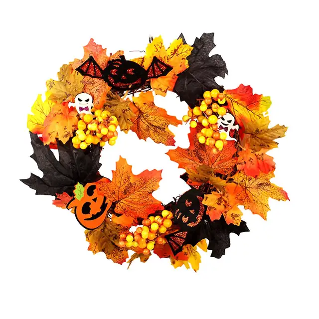 Home Decor Wreath Front Door Simulation Maple Leaf Autumn Home Decor Wreath Front Door Simulation Maple Leaf Autumn Pumpkin Lamp Artificial Decoration