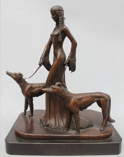 

free 17"Western Art sculpture Bronze Marble Belle Girl Pull Two Dog Wolf Statue fast