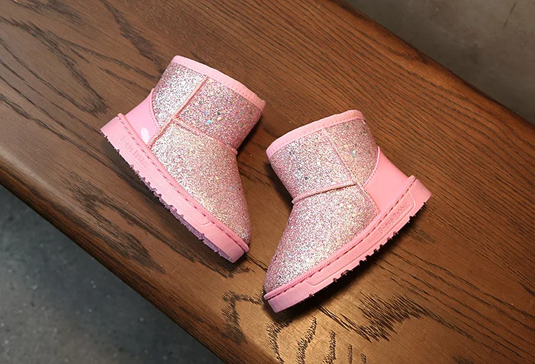 2019 Новое поступление, зимняя теплая обувь с хлопковой подкладкой для мальчиков и девочек, модные плюшевые детские зимние сапоги, блестящие