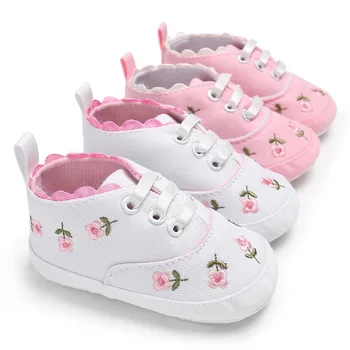 

Embroidered Floral style Baby Girl Shoes white pink soft bottom Prewalker Walking Toddler Shoes for 0-6 6-12 12-18 month