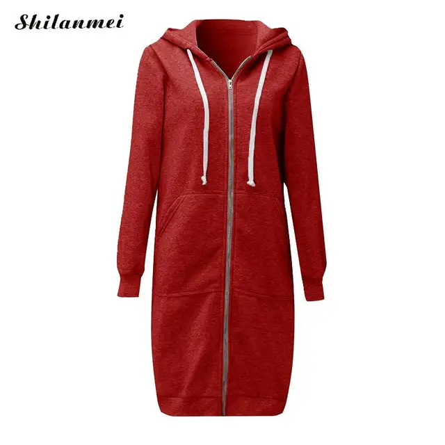 2018 Women Dress Solid Zip Up Hoodies Long Sweatshirt Dress Hooded Long ...