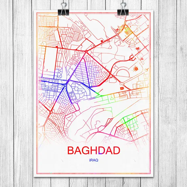 modern colorful world city map baghdad iraq poster abstract coated paper bar pub living room home