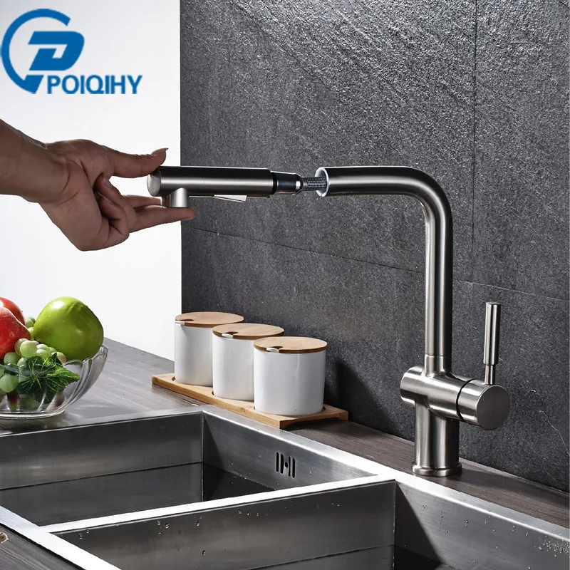 

POIQIHY Kitchen Faucet Pull Out Deck Mounted Chrome &Nickel Brushed Modern Swivel Taps Single Handle Sink Mixer Tap Faucet