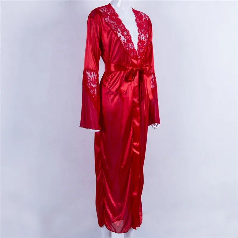 Us 5 92 17 Off Lace Satin Long Nightgowns Sleepwear Nightwear Bedroom Gown Silk Bathrobes Sexy Soft Women Belt Bandage Nightdress Home Wear In Robes