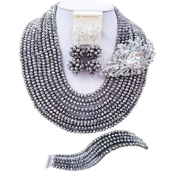 

ACZUV Silver Crystal Beaded Strands Necklace African Beads Nigerian Wedding Party Jewelry Set 10C-DS007