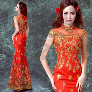 chinese traditional dress red long mermaid lace for women qipao cheongsam plus size 2017 wedding phoenix style bride satin gold