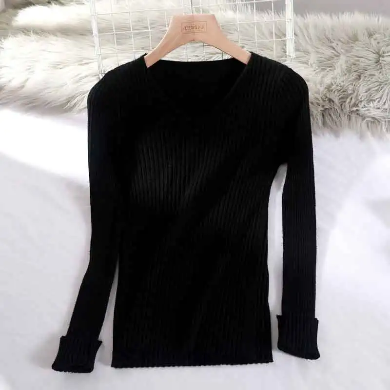 Базовый Однотонный свитер с v-образным вырезом на осень и зиму, пуловер для женщин, женский вязаный свитер, тонкий свитер с длинным рукавом, дешевый свитер badycon - Цвет: Черный