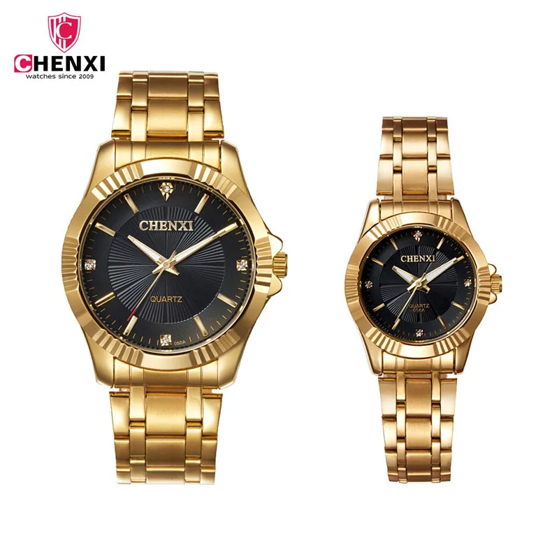 CHENXI пара часов для мужчин любителей часы для женщин Роскошные Стразы золото нержавеющая сталь браслет кварцевые наручные часы 1 пара