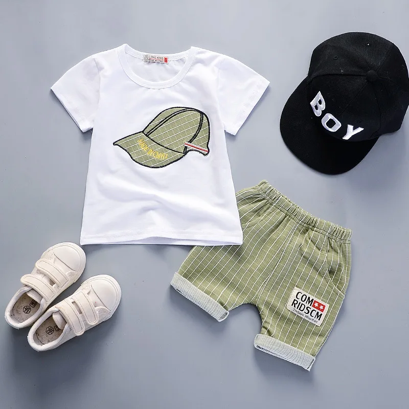 Летняя одежда для маленьких мальчиков Корейская футболка для отдыха с коротким рукавом топы+ шорты Одежда для младенцев Детские спортивные костюмы Bebes - Цвет: Светло-зеленый