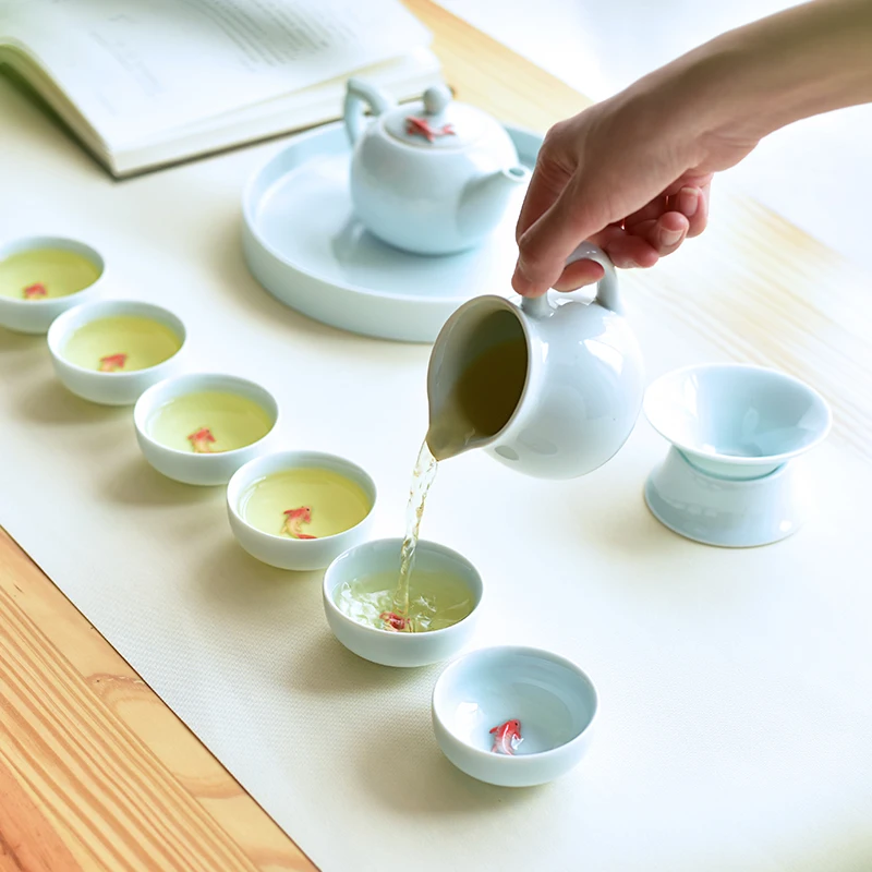 6pcs Celadon 3D Golden Fish China tea cup set Kung Fu Tea Cup Set Crackle Glaze Travel Tea Bowl Chinese Porcelain Teacup Set