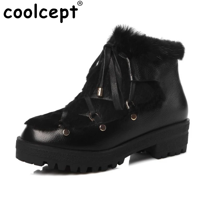 

Women Brand New Real Genuine Leather Ankle Boots Woman Lace Up Fur Winter Warm Botas Mujer Square Heel Shoes Size 34-42
