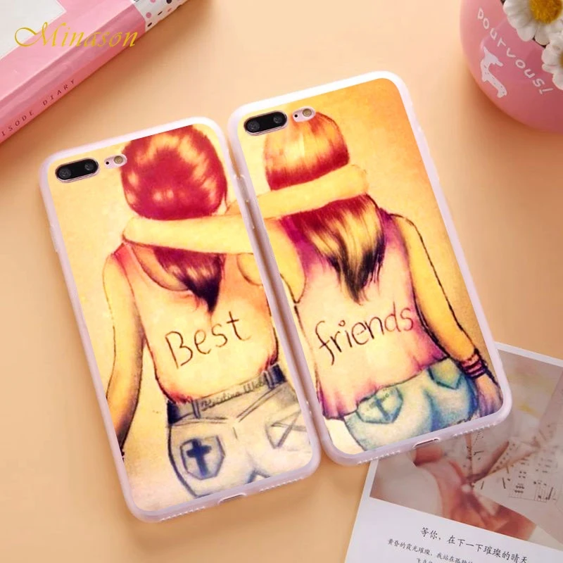 Minason Sisters Two Girls Best Friends Case For Apple iPhone X 8 6S 6 7 Plus 5 SE 5S Red Heart BFF Soft Silicone TPU Case Cover photo