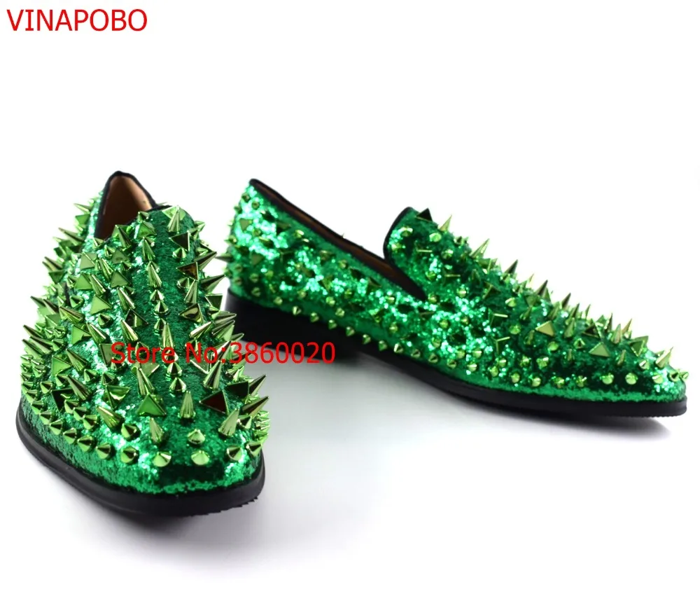 Fashion Green Spiked Loafers Shoes Men Round Toe Bling Sequins Banque ...