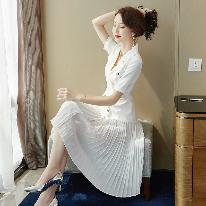 Женское летнее элегантное белое платье-блейзер высокого качества, женское дизайнерское офисное платье, женское шифоновое плиссированное платье DD2012