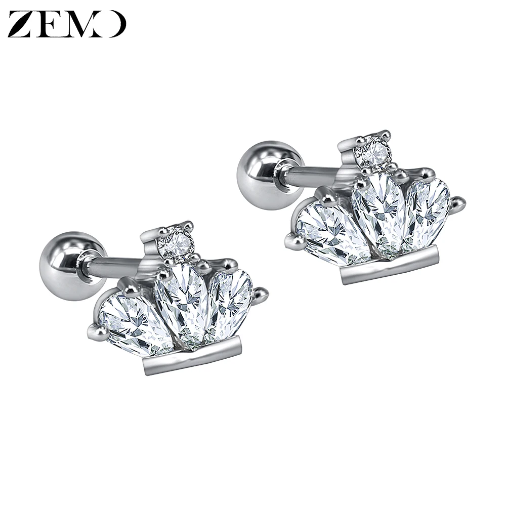 

ZEMO Stainless Steel Stud Earrings for Women Princess Crown Crystal Stud Earrings Screw Ball Kids Earrings pendientes mujer