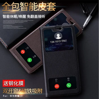 

Genuine Leather Case for Huawei Honor 10 Windows View Flip Phone Cover Cases for Coque Huawei Honor10 + Tempered Glass Screen