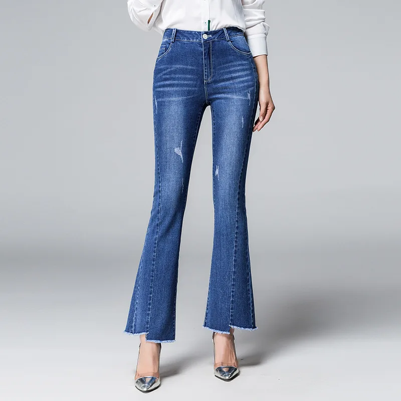 

Women's Fashion Ankle Length Flared Jeans Slim High Waist Stretch Skinny Autumn Characteristic Irregular With Tassels Denim Jeans