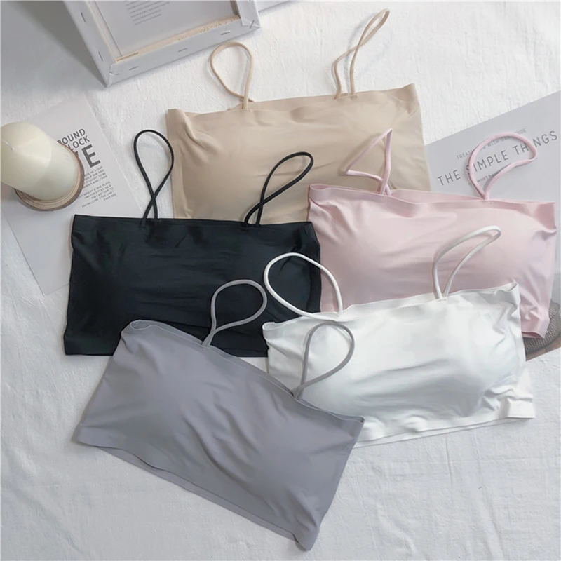 

Womens Ice Silk spaghetti Bra Bandeau Tube Tops Removable Pads Seamless Crop Top