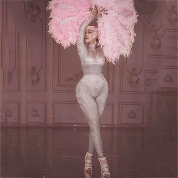 

Pink Rhinestones Nude Jumpsuit Sexy Performance Bodysuit Bra Short Pattern Rompers Stage Wear Nightclub Party Leotard Suit DT503