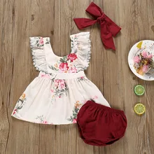 Комплект с платьем для маленьких девочек, милое повседневное летнее платье с цветочным рисунком для маленьких девочек+ шорты+ костюм с повязкой на голову