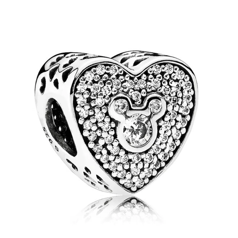 

Authentic S925 Sterling Silver DIY Jewelry MICKEY & MINNIE SPARKLING HEART Charms fit Pandora Bracelet Bangle Gift Clear CZ