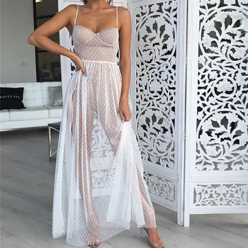 

Sexy Women Rompers Mesh Jumpsuit Fairy Style Polka Dots Long Hot Stamping Strap Split Overall Evening Party See Through