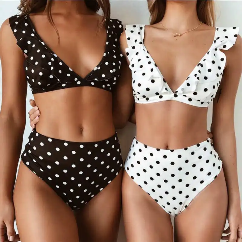

Dot Print Ruffles Sexy Bra Set 2019 Summer Panty Black White Blue