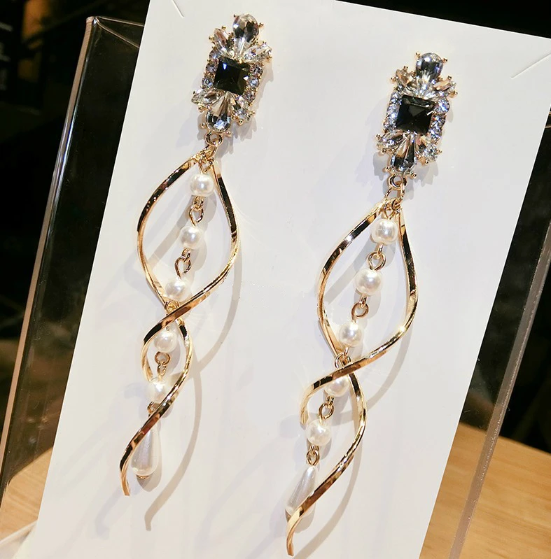 

New Hot Earrings Fashion Personality Crystal Oorbellen Simulation Pearl Twist Tassel Long Earrings For Women Bijoux Wholesale
