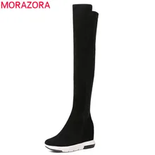 MORAZORA/Коллекция года; высококачественные сапоги до бедра из коровьей замши; женские пикантные высокие сапоги с круглым носком; женская обувь на танкетке и высоком каблуке