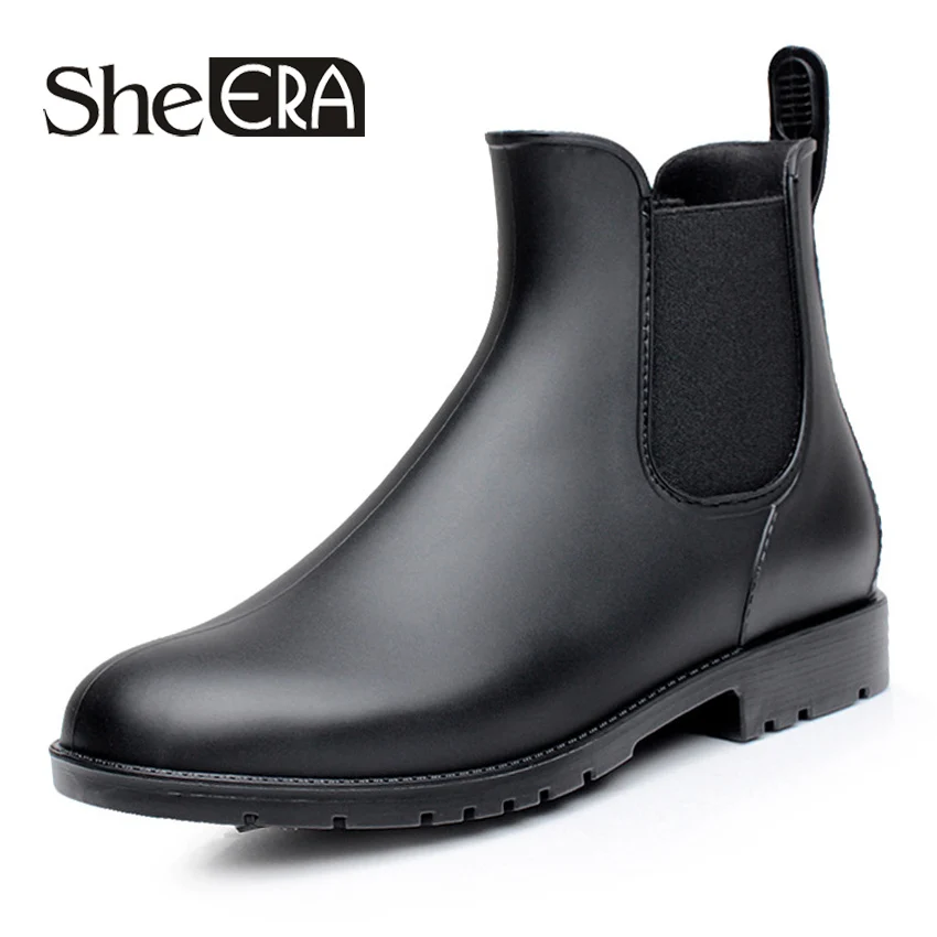 She ERA/мужские резиновые сапоги для дождливой погоды; модные черные ботинки «Челси»; повседневные ботинки для влюбленных; водонепроницаемые ботильоны без застежки; мокасины; размеры 38-43
