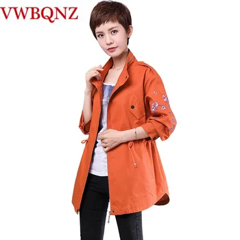 

Wine red Navy blue Orange Women Windbreaker 2018 Spring Loose Plus size 5XL Middle-aged Mother Casual Long sleeve Trench Coats