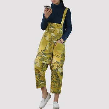 

Japanese Style Rompers Print Floral Cotton Jumpsuit Plus Size Loose Suspenders Trousers Women Bib Pants Capri Casual Dungarees