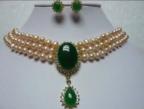 

Hot sale new Style >>>>Fancy 3 Row 6-7mm Pink Pearl & Green Jade Pendant Necklace