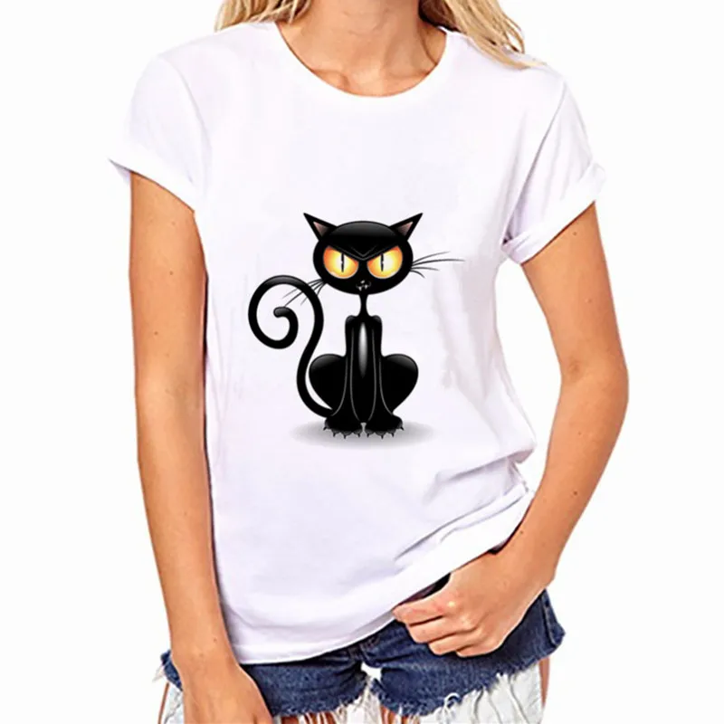 Женская брендовая одежда, летняя женская футболка с коротким рукавом и круглым вырезом, повседневные Забавные топы с черным котом, женские футболки