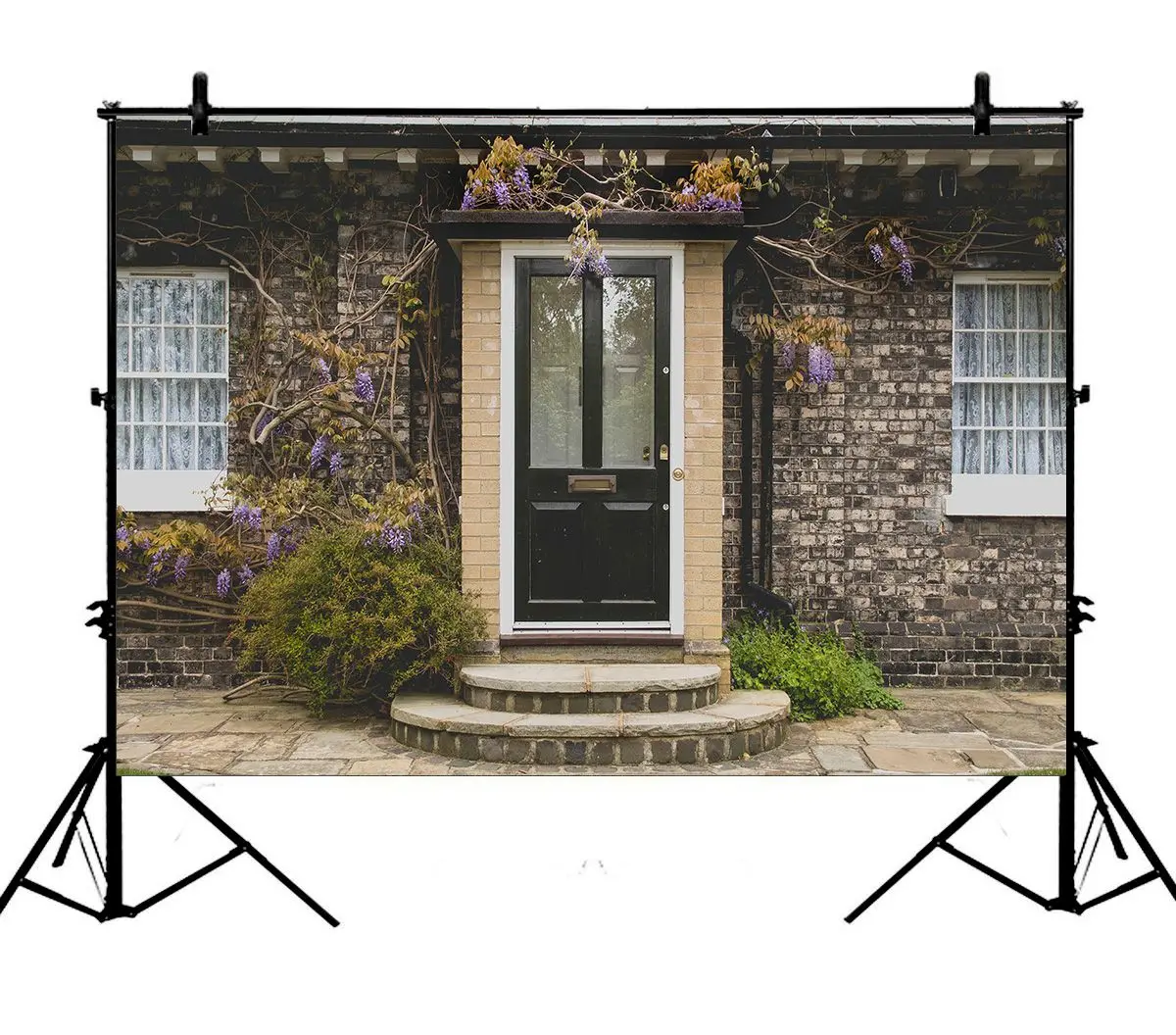 

5x7ft Rustic House Purple Flowers Branch Vine Grunge Brick Polyester Photo Background Portrait Backdrop