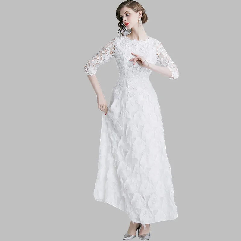 

HAMALIEL Elegant Women Lace Party Long Dress Summer White Lace Patchwork Tassel Big Swing Dress Fashion Hollow Out Maxi Vestidos