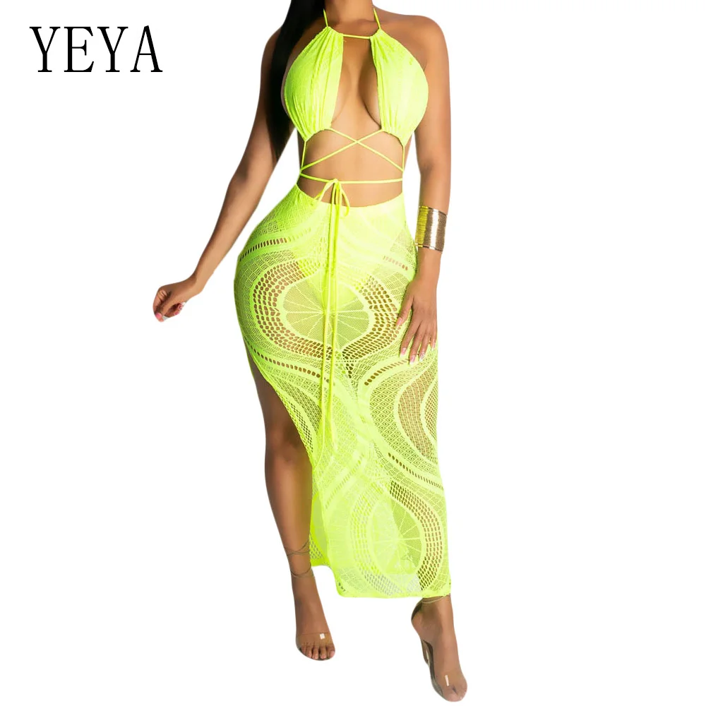 

YEYA Summer Women Hollow Out Sleeveless High Split Lined Dress Sexy Deep V Neck Halter Dress Female Night Party Club Dresses