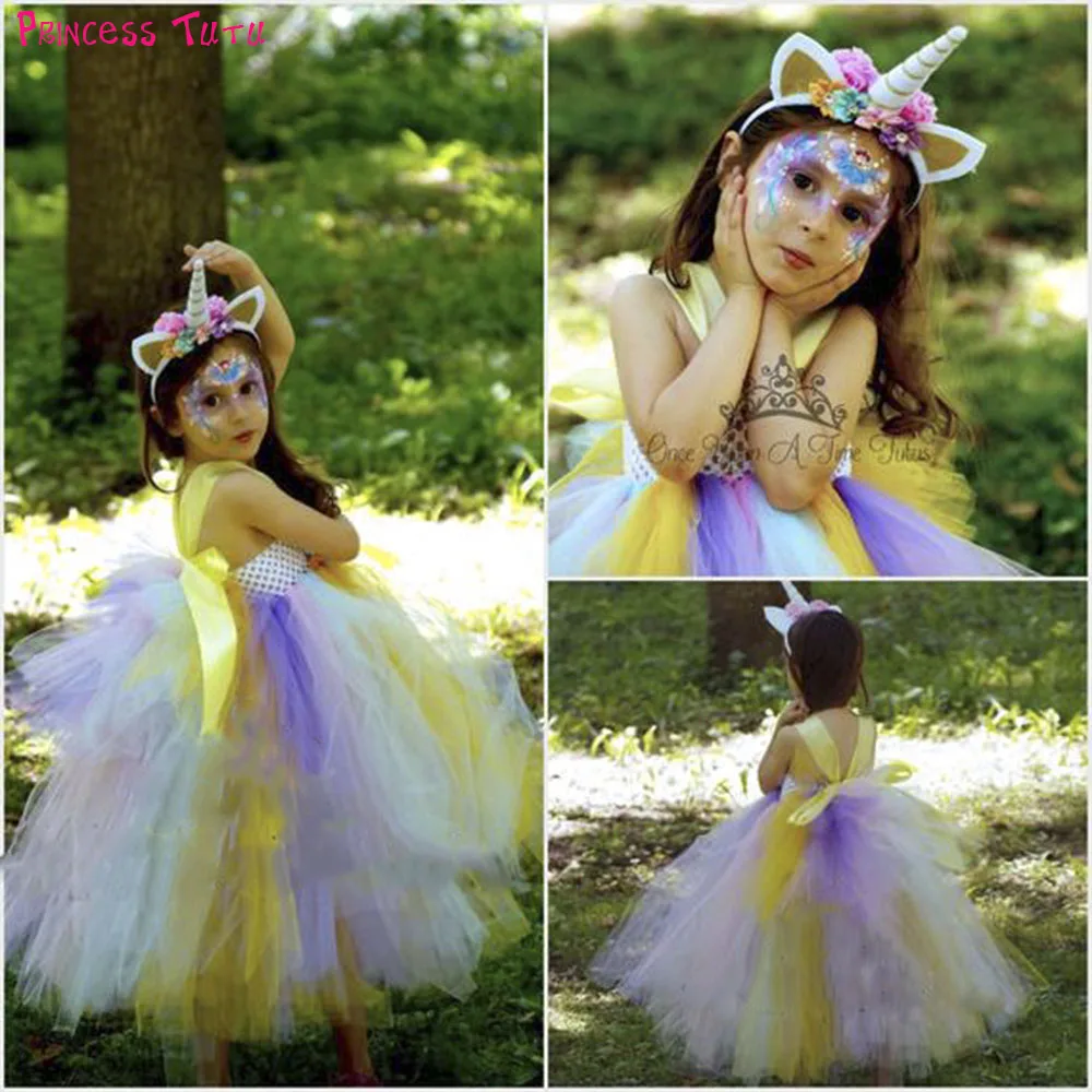 

Pastel Rainbow Layered Unicorn Tutu Dress Little Girl Flower Tulle Tea Length Birthday Party Dresses Halloween Costume For Kids