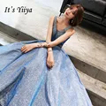 Es der YiiYa Abendkleid Fashion Glänzende Sky Blue V ausschnitt Kleine Zug Party Kleid Ärmellose Spitze Up Elegante Formale Kleider e072|Abendkleider| -