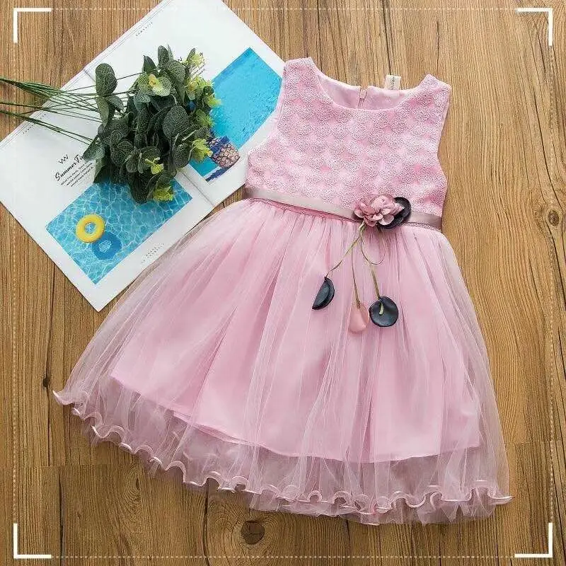

Girls dress summer new kids fashion solid color sleeveless wedding dresses for children girls party princess mesh dress clothes