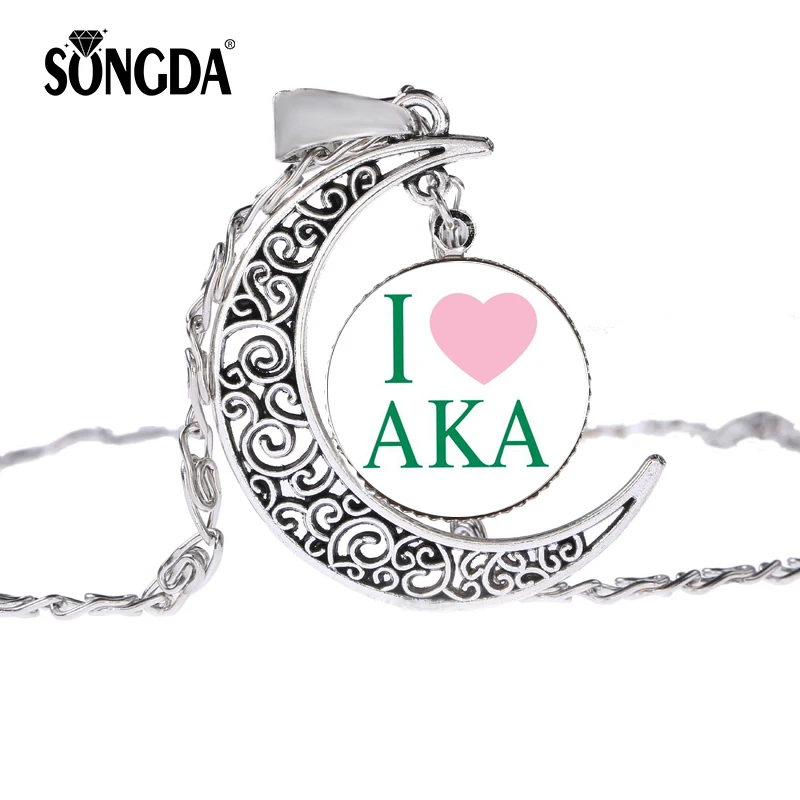 

SONGDA Fashion I Love AKA Charm Necklace Alpha Kap Alpha Sorority Sisterhood Logo Crystal Gem Crescent Jewelry Women Long Chain