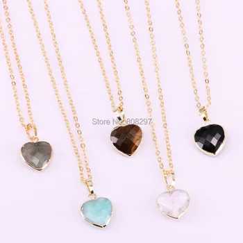 

6Pcs Heart Shape Faceted Natural Stone Charm Pendant Necklace Metal Chain Necklace Women Jewelry