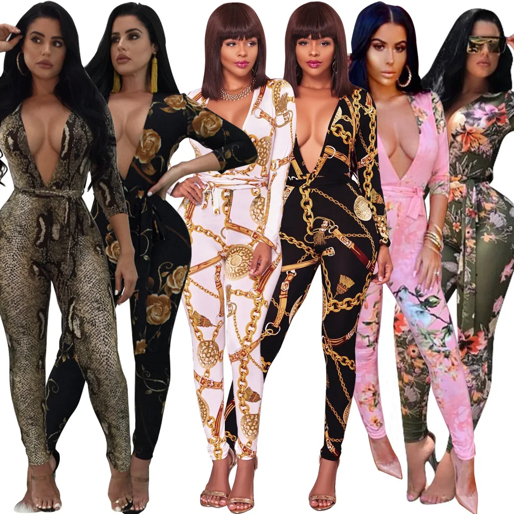Hot Women Jumpsuit Printing Long Sleeve Tights Bodysuits