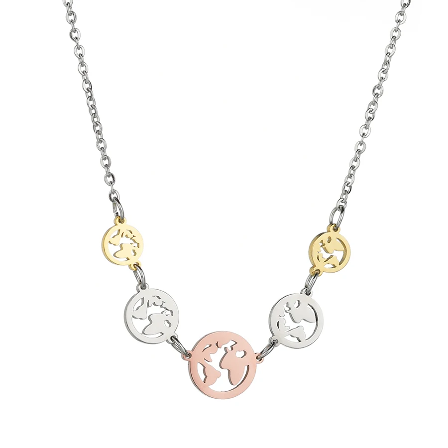 

Trendy Women World Map Necklace 316L Stainless Steel Link Chain Moon Heart Charm Necklace & Pendant Female Choker Jewelry Bijoux