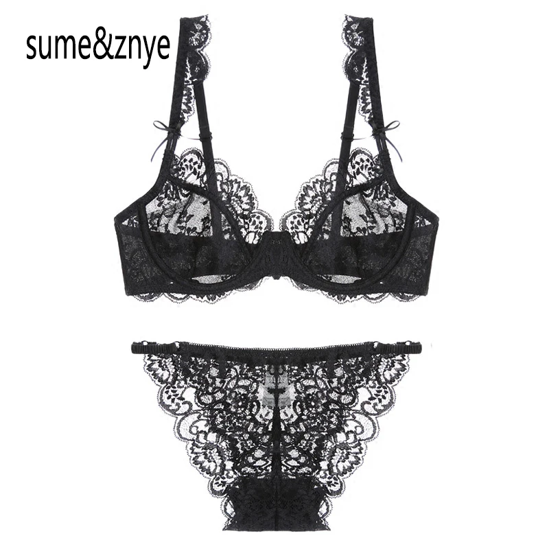 

European woman sexy lace ultra-thin bra set retro girl small chest transparent underwear bra and pants suit