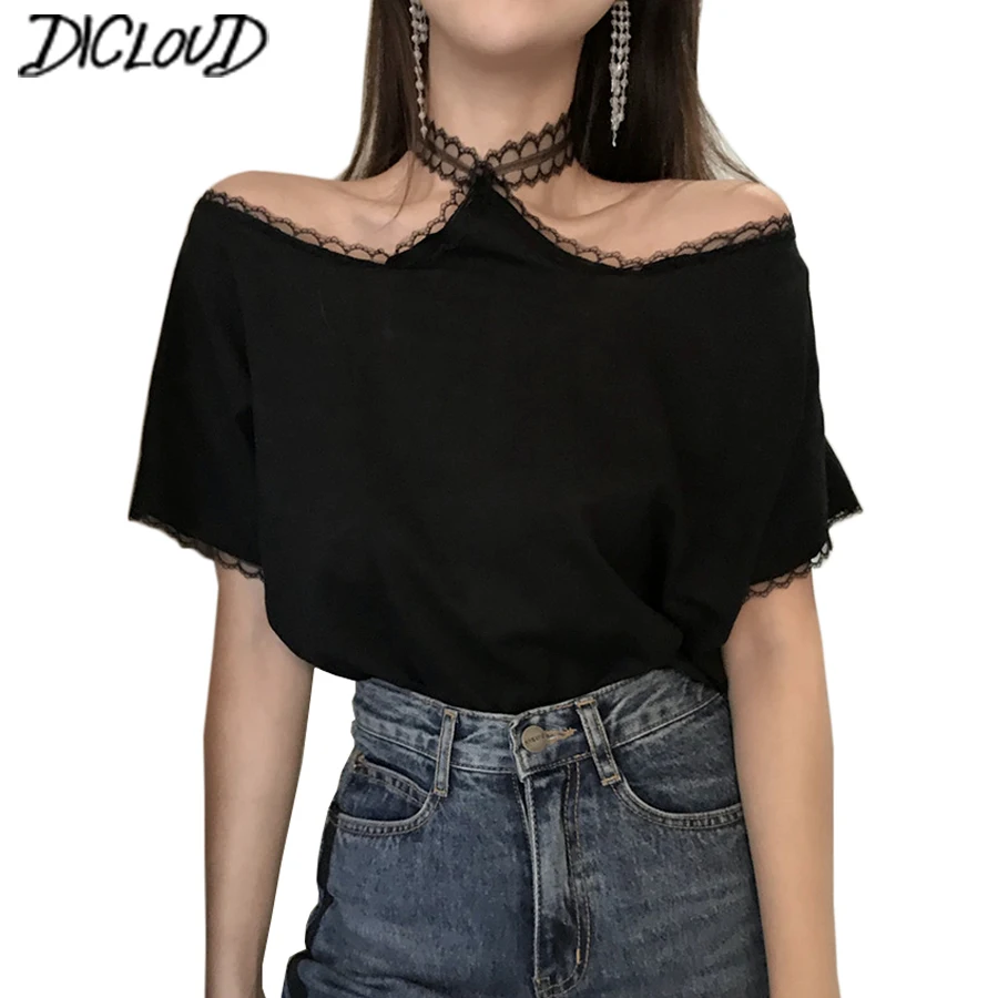 

Harajuku Hollow Lace T-Shirt Women Fashion Halter Sexy Tops Girl Kawai Slub Cotton Casual Short Sleeve Summer Tee Shirts 2018
