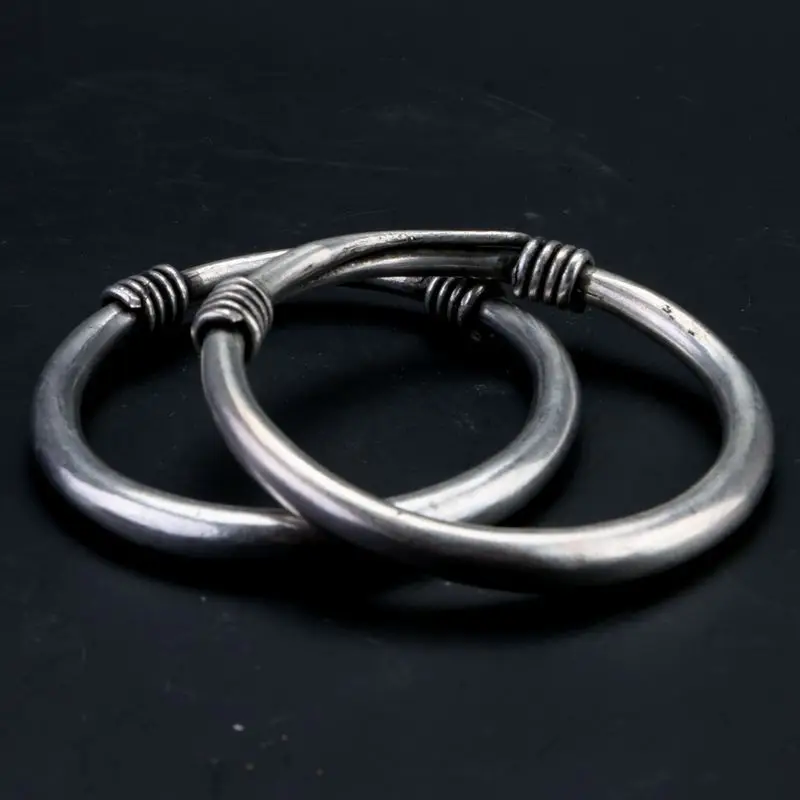 

Old Handwork Miao Silver Carve China Adjust Pair Bracelet