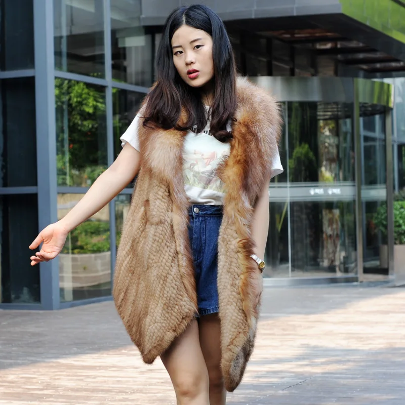

CX-G-B-263A Women Fashion Fox Fur Collar Knitted Mink Fur Vest