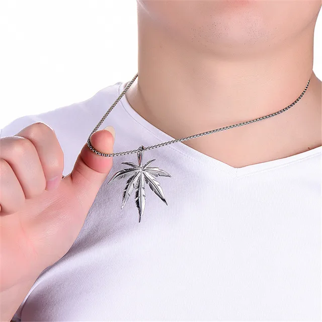 Men Women Golden Silver Color Hemp Leaf Pendants Link Chains